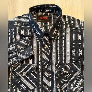 Rock & Roll Denim Black White Pearl Snap Aztec Western Modern Fit Sz S